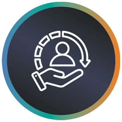 Circular logo with a person in a hand and a teal-to-orange gradient border symbolising IT customer service